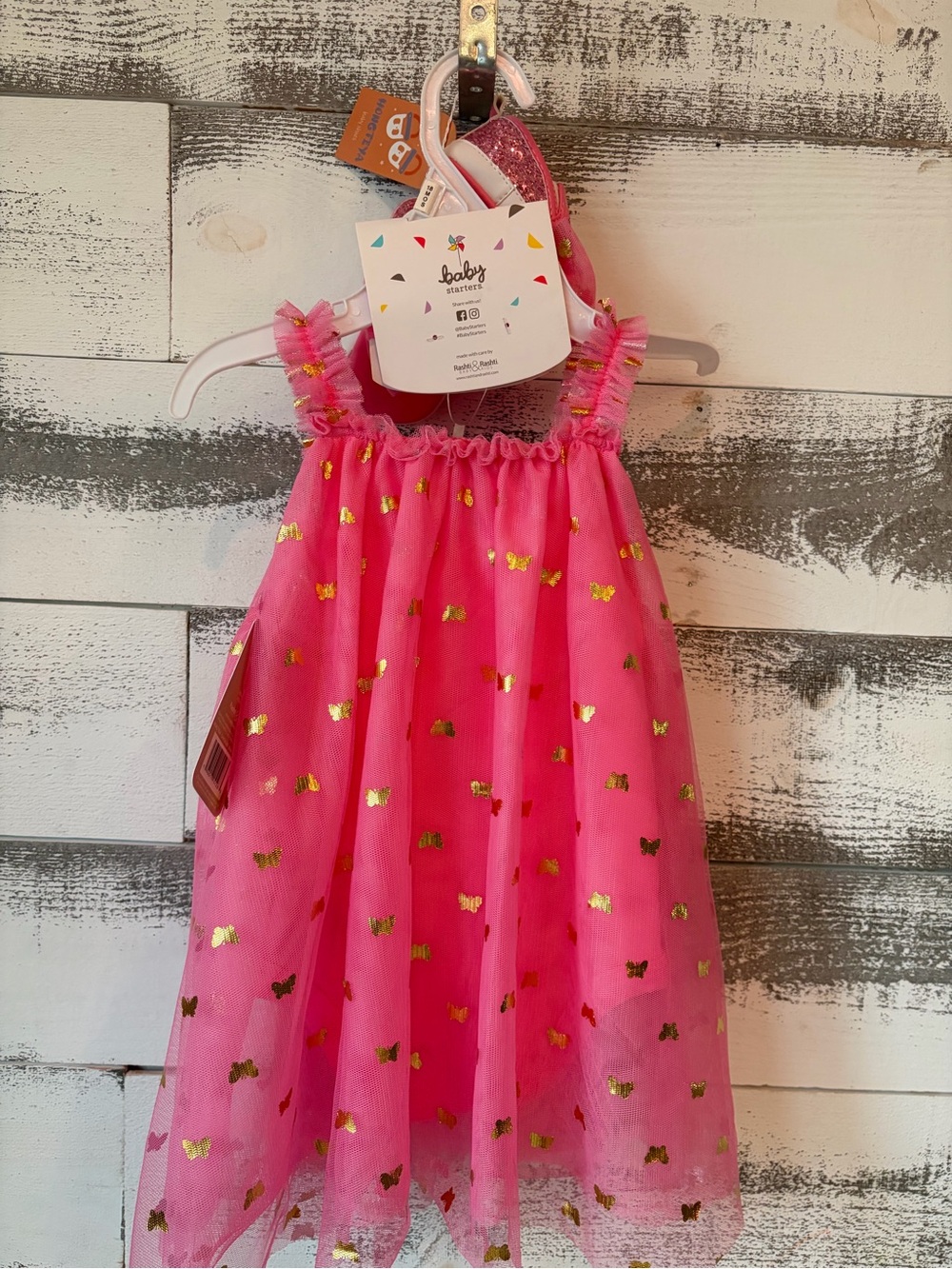 Pink Tulle Dress with Gold Accent Bow Headband - 2 Piece Set + Matching Shoes - Picture 9 of 9